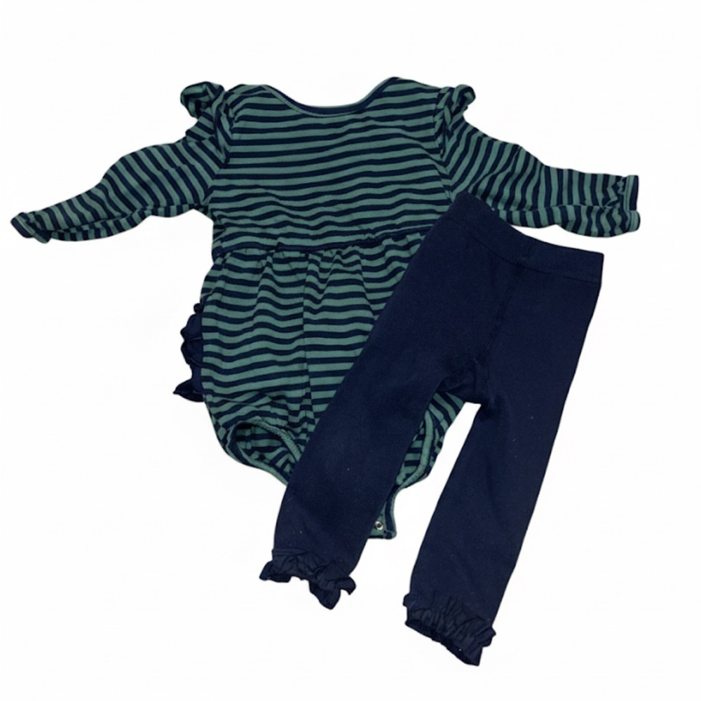 Ruffle Butts Green and Navy Striped Kids Matching Set